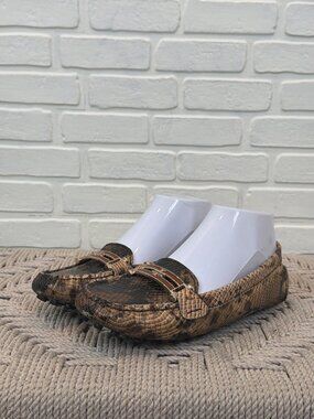 Tory Burch Snake Print Driving Loafers Brown Leather Size 36